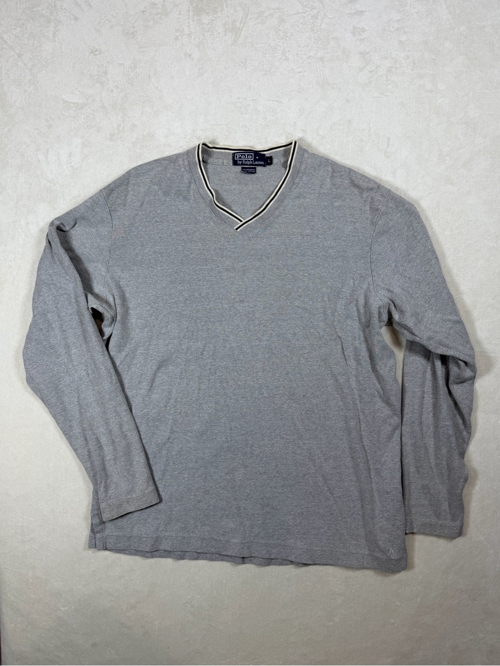 Polo Ralph Lauren Vintage Y2K Large Light Gray V-Neck Sweater with Contrast Trim